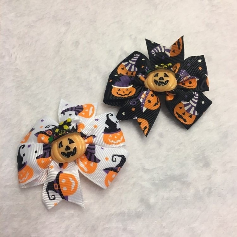 Handmade Hair Bows Kids OS Black White Halloween Pumpkin NEW Boutique 2Pk